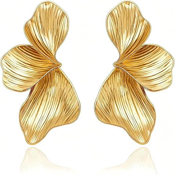 Chunky Gold Statement Earrings For Women Trendy Gold Plated Sectored Flower Leaf Angel Wing Earri... | Amazon (US)