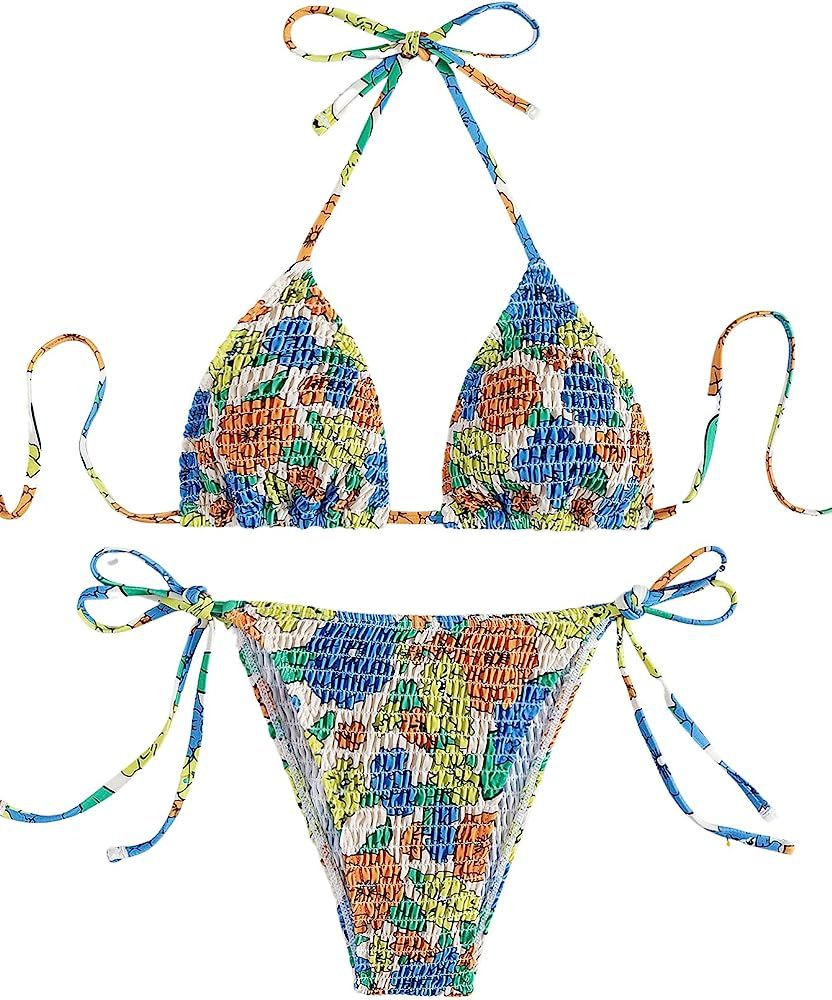 SheIn Women's Floral Swimsuit Smocked Halter Top High Cut Tie Side Thong Bikini Set Bathing Suit | Amazon (US)