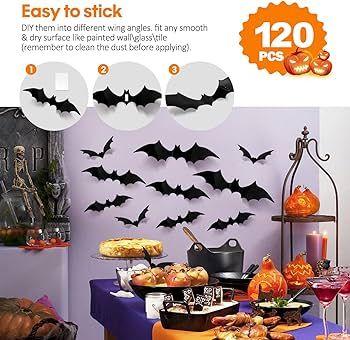 120 Pcs Halloween Bats Decals Room Decorations 3D Paper Bats Stickers Cutouts 4 Size Black Bat Ga... | Amazon (US)