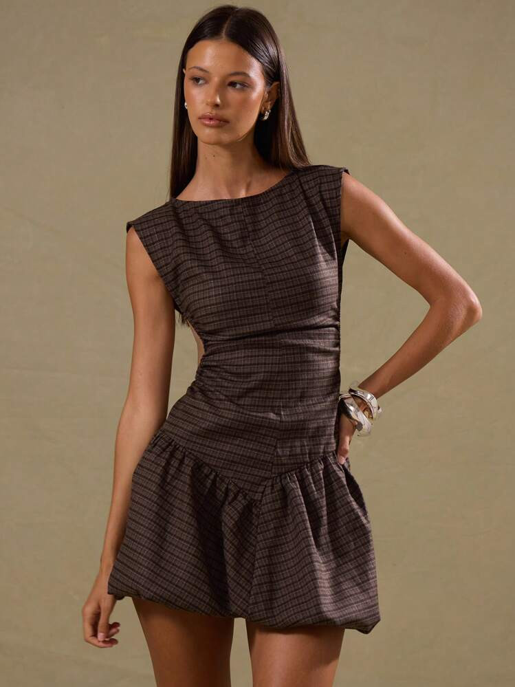 MUSERA Round Neck Backless Puffball Dress Old Money Vacation Spring Summer Check Ibiza Concert Ho... | SHEIN