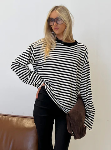 Settle Down Long Sleeve Top Black / White Stripe | Princess Polly US