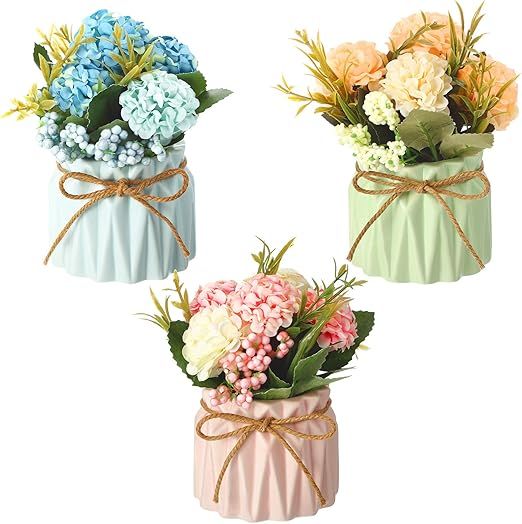 3 Pieces Artificial Hydrangea Bouquet with Small Ceramic Vase Fake Silk Floral Balls Flowers Deco... | Amazon (US)