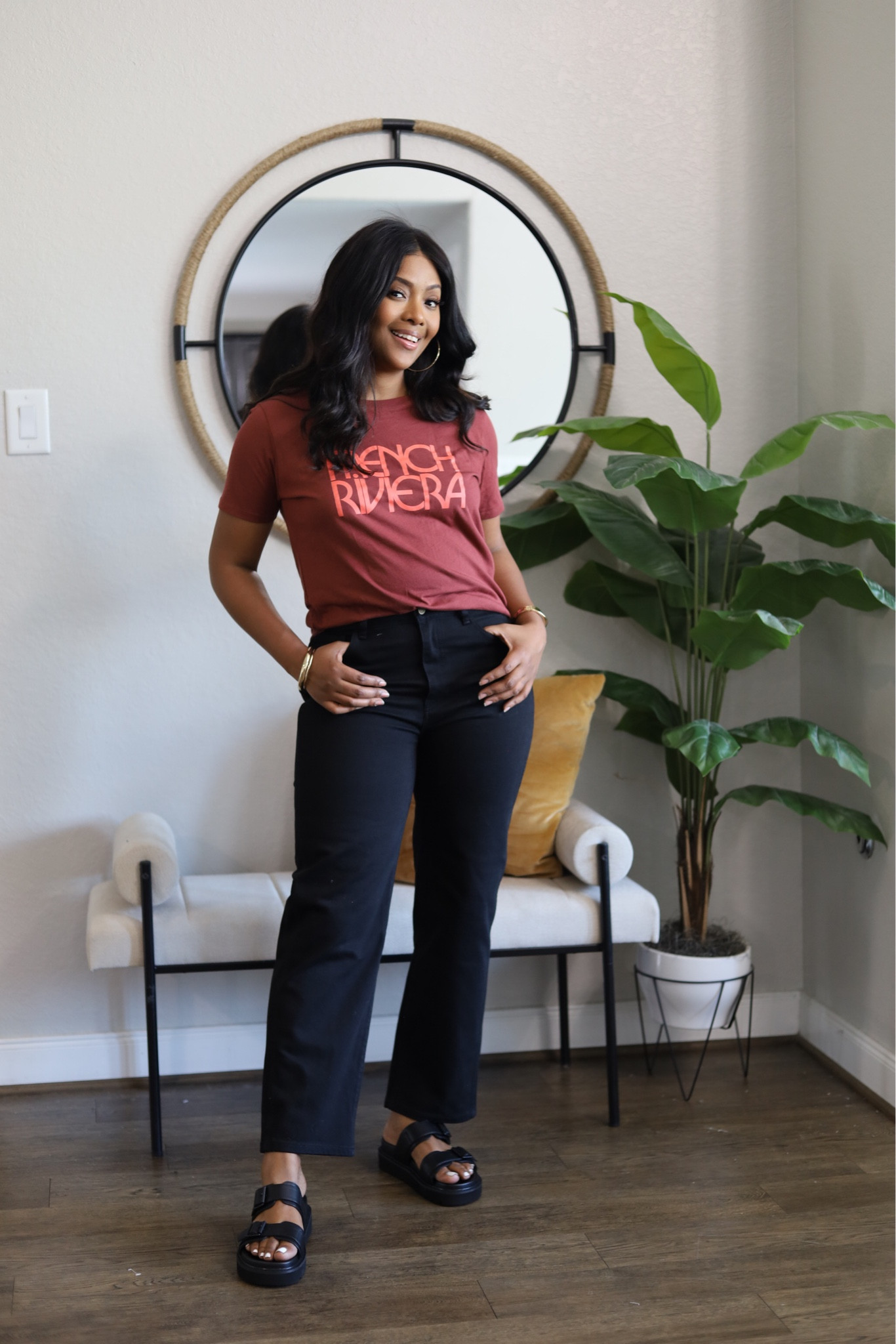 Graphic tee from Sèzane!! Love these tees and these ankle pants. The fit is perfect! Great for summer travel. Also my black chunky sandals! Platform sandals 

#LTKtravel #LTKfindsunder50 #LTKover40
