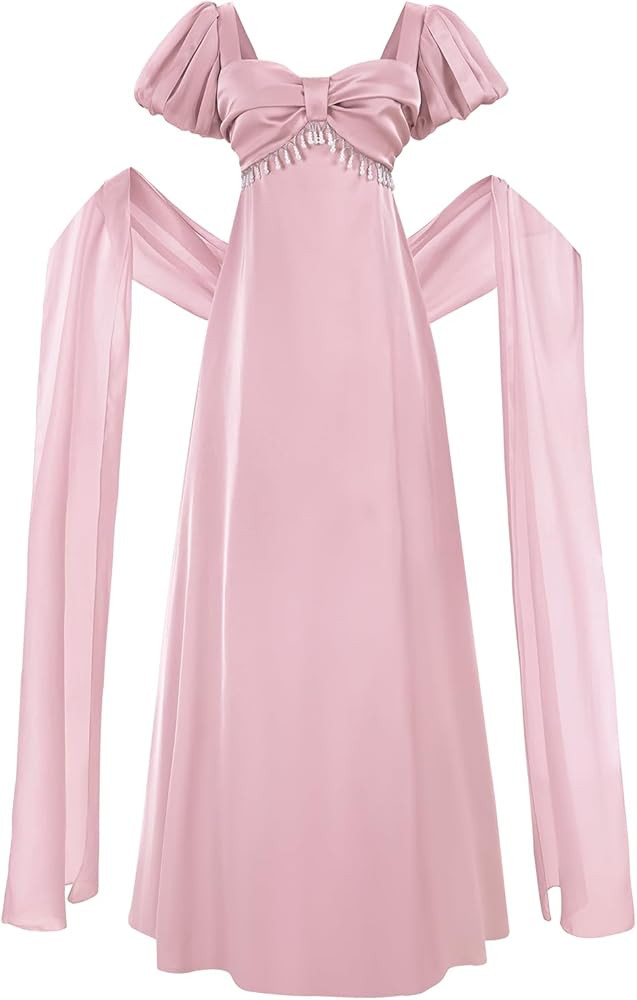 LTAKK Regency Dress Women Satin Regency Costume Empire Waist Tea Party Victorian Gown with Shawl | Amazon (US)