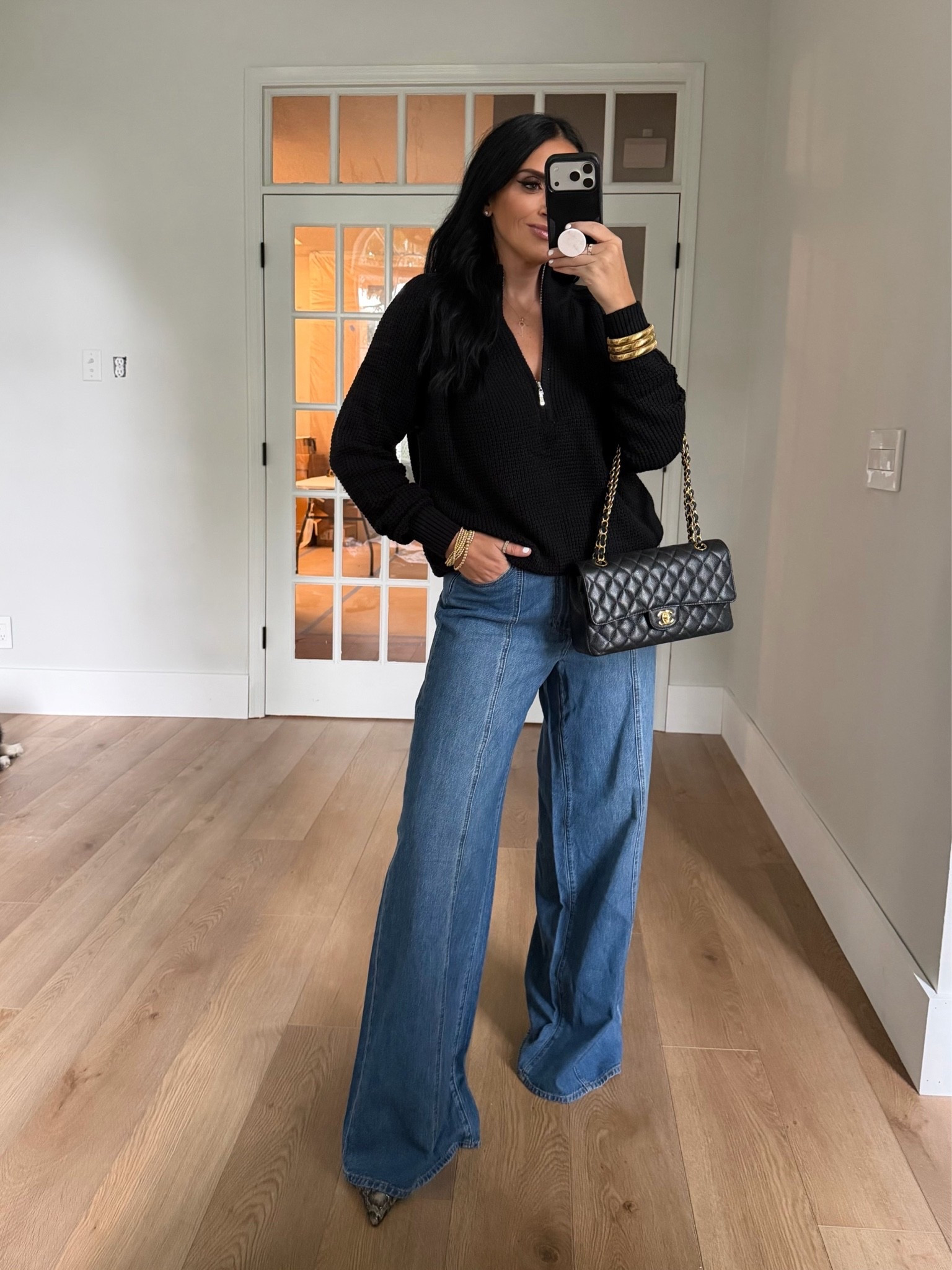 Paige Cameron Seamed High Waist Super Wide Leg Jeans. Womens Quarter Zip Pullover