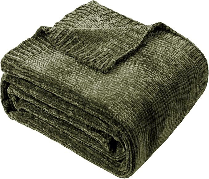 Olive Green Chenille Throw Blanket for Couch, Cozy Knit Throw Blanket 51x67 | Amazon (US)