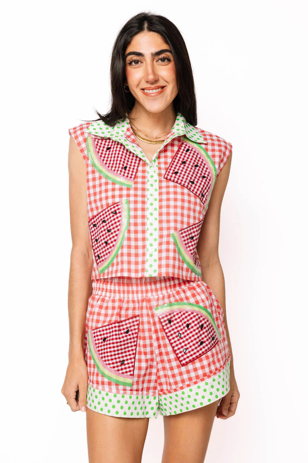 Red Gingham & Green Polka Dot Watermelon Button Up Tank | Queen of Sparkles