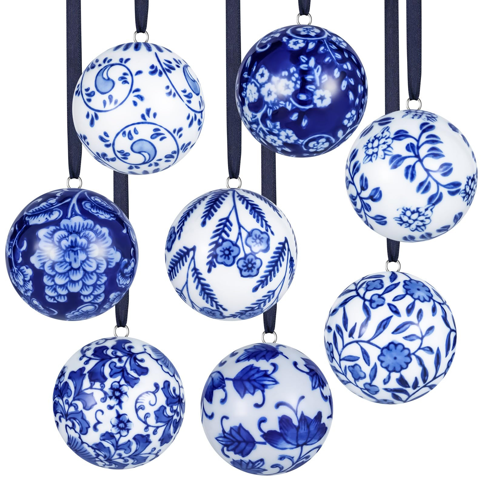 8 Pcs Christmas Porcelain Balls 2.4 Inch Blue and White Ceramic Chinoiserie Ornament Bulk with Si... | Amazon (US)