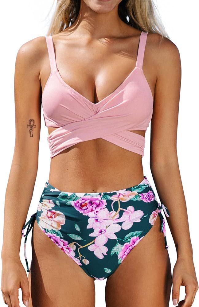 CUPSHE Women's High Waist Bikini Swimsuit Floral Print Tie Two Piece Bathing Suit | Amazon (US)
