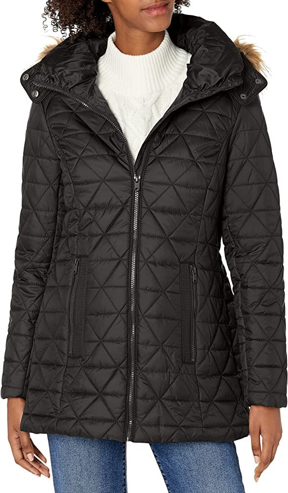 Marc New York by Andrew Marc Women's Chevron Quilted Down Jacket with Removable Faux Fur Hood, Bl... | Amazon (US)