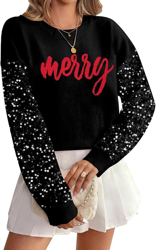Christmas Sequin Sweater Womens Believe Christmas Sweatshirt Crewneck Long Sleeve Xmas Holiday Kn... | Amazon (US)