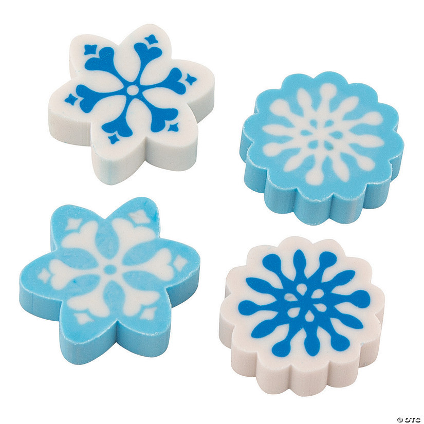 1" Bulk Winter Snowflake Blue & White Rubber Erasers - 72 Pc. | Oriental Trading Company