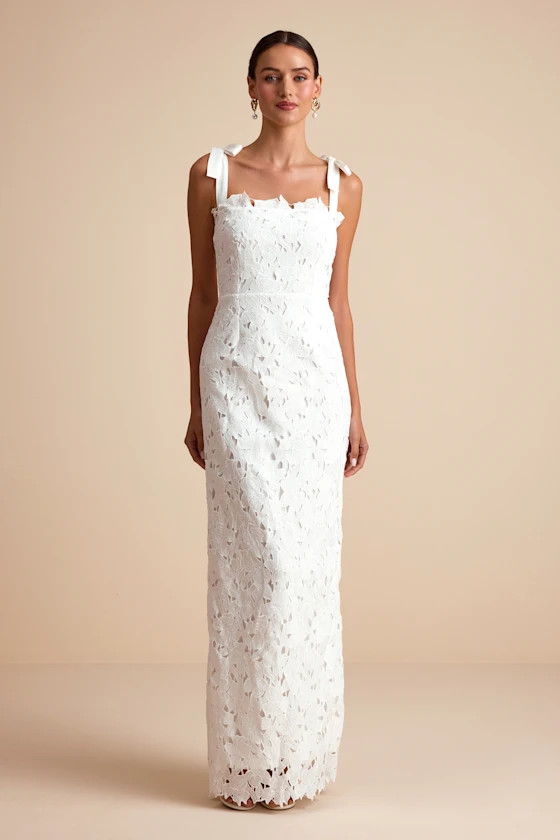 Alanari White Floral Embroidered Tie-Strap Column Maxi Dress | Lulus