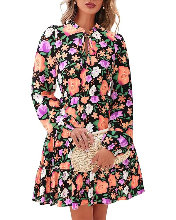 BTFBM Women Fall Dresses 2025 Floral V Neck Long Sleeve Tiered Ruffle Boho Swing Flowy A-Line Min... | Amazon (US)