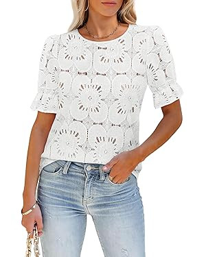 Women's Eyelet Tops Puff Short Sleeve Blouses Dressy Casual Cute Hollow Out Crochet Lace Embroide... | Amazon (US)