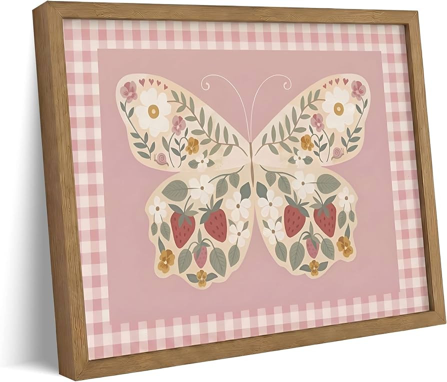 Pink Gingham Butterfly Canvas Wall Art Solid Wood Framed 8X10in | Amazon (US)