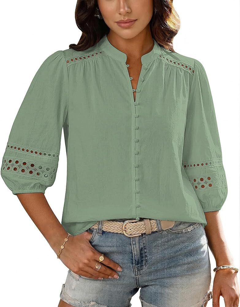 Bsubseach Women Button Down Shirt 3/4 Puff Sleeve Dressy Casual Blouse Cotton Eyelet Boho Mandari... | Amazon (US)