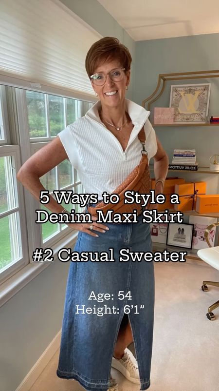 Styling a denim maxi skirt 5 ways. Day 2. Pairing a cap sleeve zip up white sweater from loft with my denim maxi skirt and sneakers for a casual look.

Over 50 fashion, tall fashion, workwear, everyday, timeless, Classic Outfits

Hi I’m Suzanne from A Tall Drink of Style - I am 6’1”. I have a 36” inseam. I wear a medium in most tops, an 8 or a 10 in most bottoms, an 8 in most dresses, and a size 9 shoe. 

fashion for women over 50, tall fashion, smart casual, work outfit, workwear, timeless classic outfits, timeless classic style, classic fashion, jeans, date night outfit, dress, spring outfit, jumpsuit, wedding guest dress, white dress, sandals

#LTKFindsUnder100 #LTKOver40 #LTKStyleTip