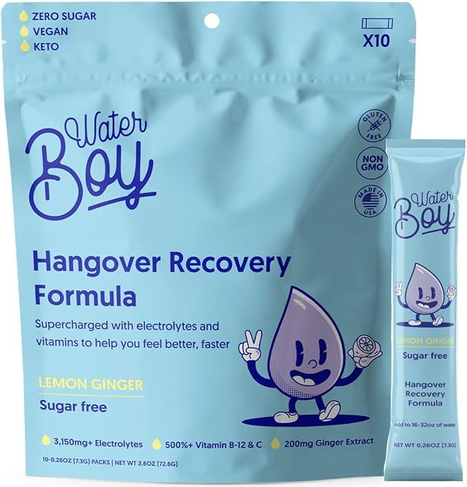 Waterboy - Electrolytes Hydration Powder Packets Sugar Free - Hangover Relief - Ginger + L-Theani... | Amazon (US)
