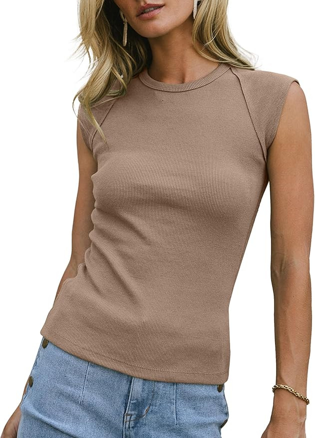 Womens Ribbed Tank Tops Cap Sleeve Slim Fitted Knit Basic Tee Shirts Trendy Casual 2025 Summer Cl... | Amazon (US)
