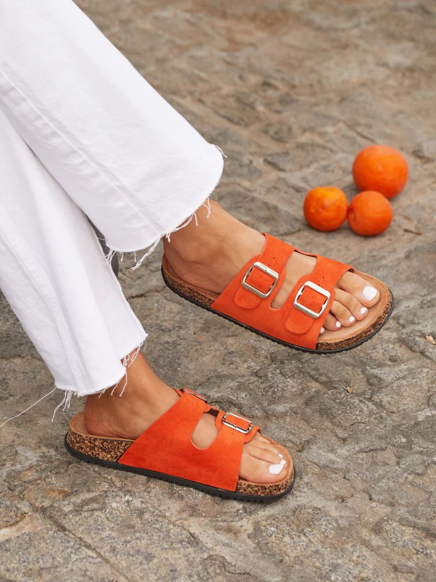 Orange Faux Suede Double Buckle Footbed Sandal | Linzi Shoes