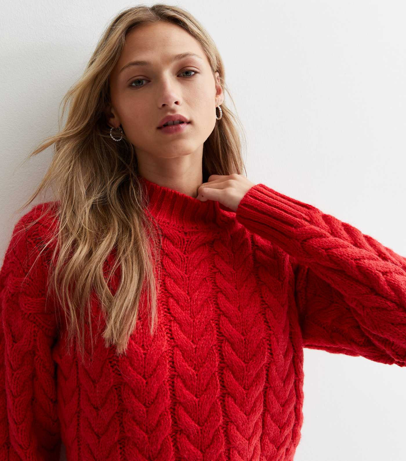 Dark Red Cable Knit High Neck Jumper | New Look | New Look (UK)