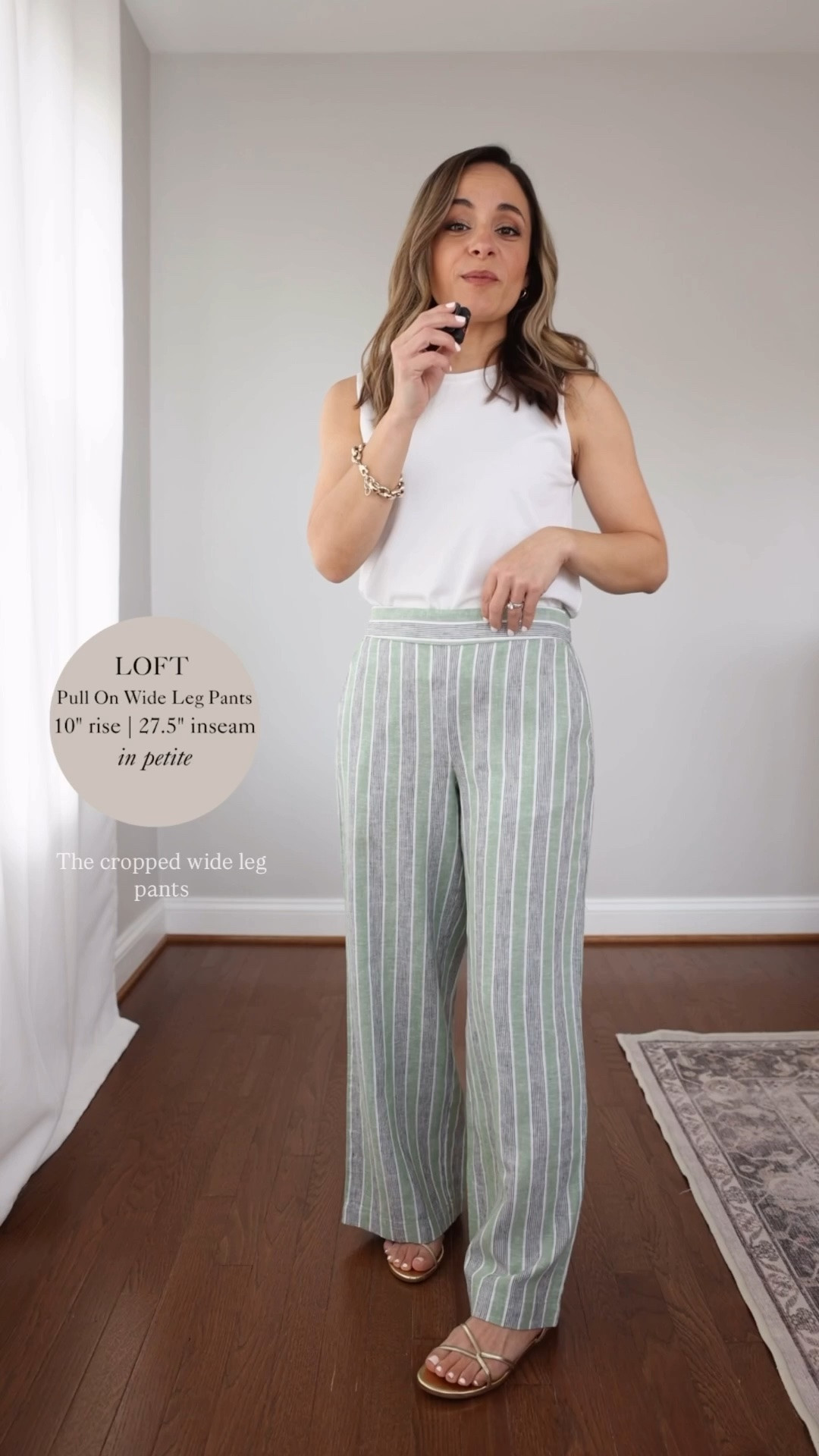 The pull on wide leg pants from LOFT are back on the site! 

Pants (LOFT): petite xxs / 10” rise / 27.5” inseam 
Top (Nordstrom): xs 
Sandals (Sam Edelman): true to size

My measurements for reference: I’m 4’10” and 105lbs. My bust, waist, and hip measurement is 32”, 24”, and 36”.