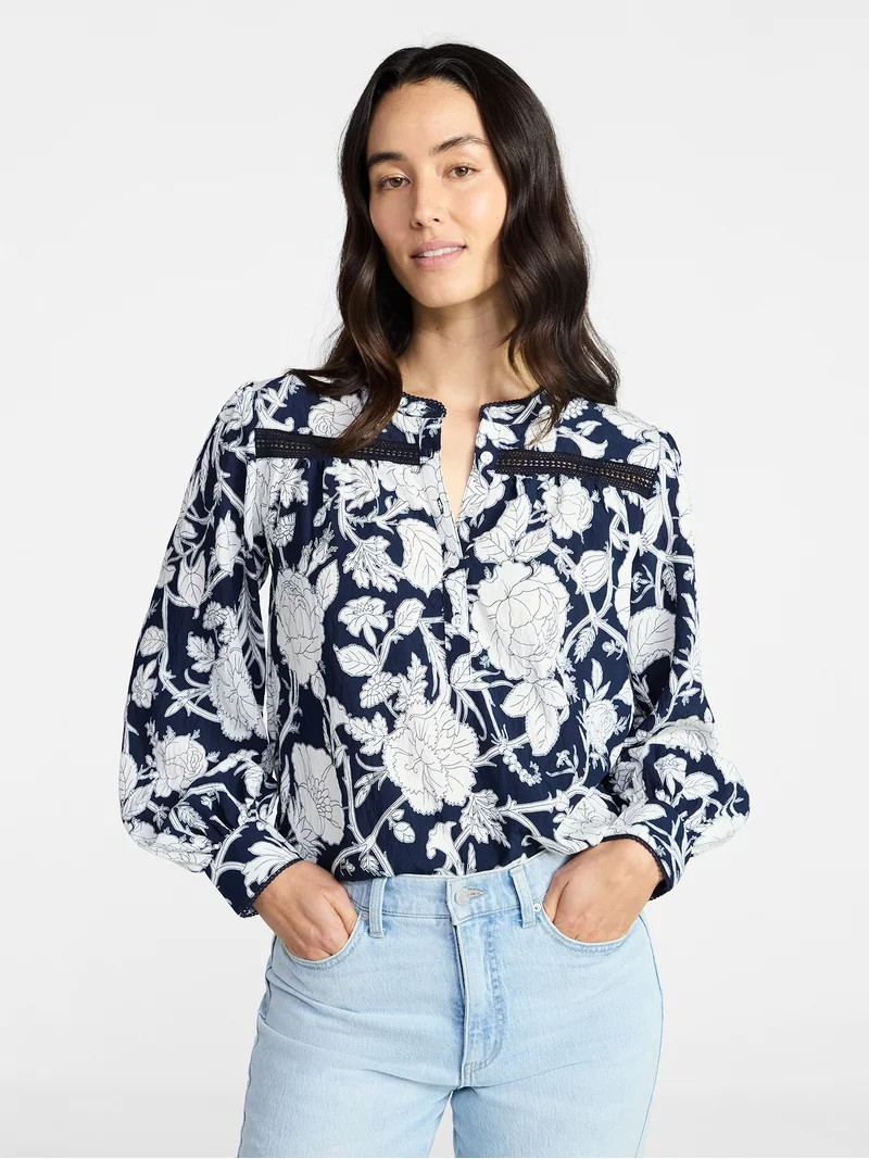 Time and Tru Women's Lace Yoke Shirt with Long Sleeves Sizes XS-XXXL | Walmart (US)