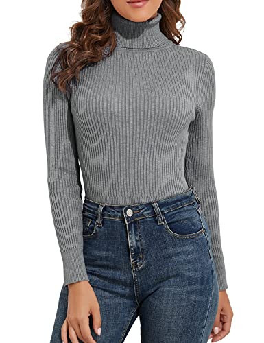 PrettyGuide Women's Ribbed Turtleneck Long Sleeve Sweater Gray S | Amazon (US)