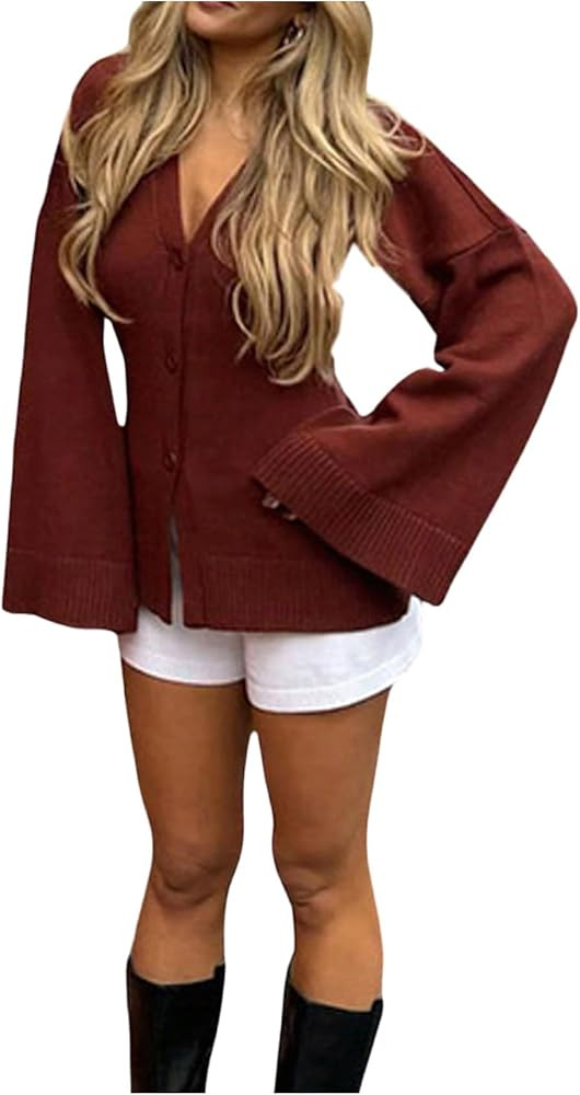Milumia Women's Long Bell Sleeve Cardigan Cinched Waist Sweater V Neck Button Down Fall Knit Swea... | Amazon (US)