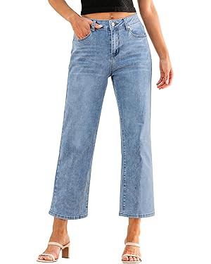 GRAPENT Jeans for Women Trendy High Waisted Baggy Straight Leg Stretchy Denim Ankle Pants Cropped... | Amazon (US)