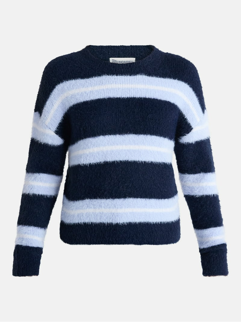 No Boundaries Striped Feather Sweater, Women's & Women's Plus | Walmart (US)