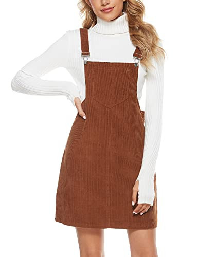 Yeokou Womens Casual Corduroy Bib Knee Length Overalls Pinafore Midi Dress Jumpsuit（Brown-L） | Amazon (US)