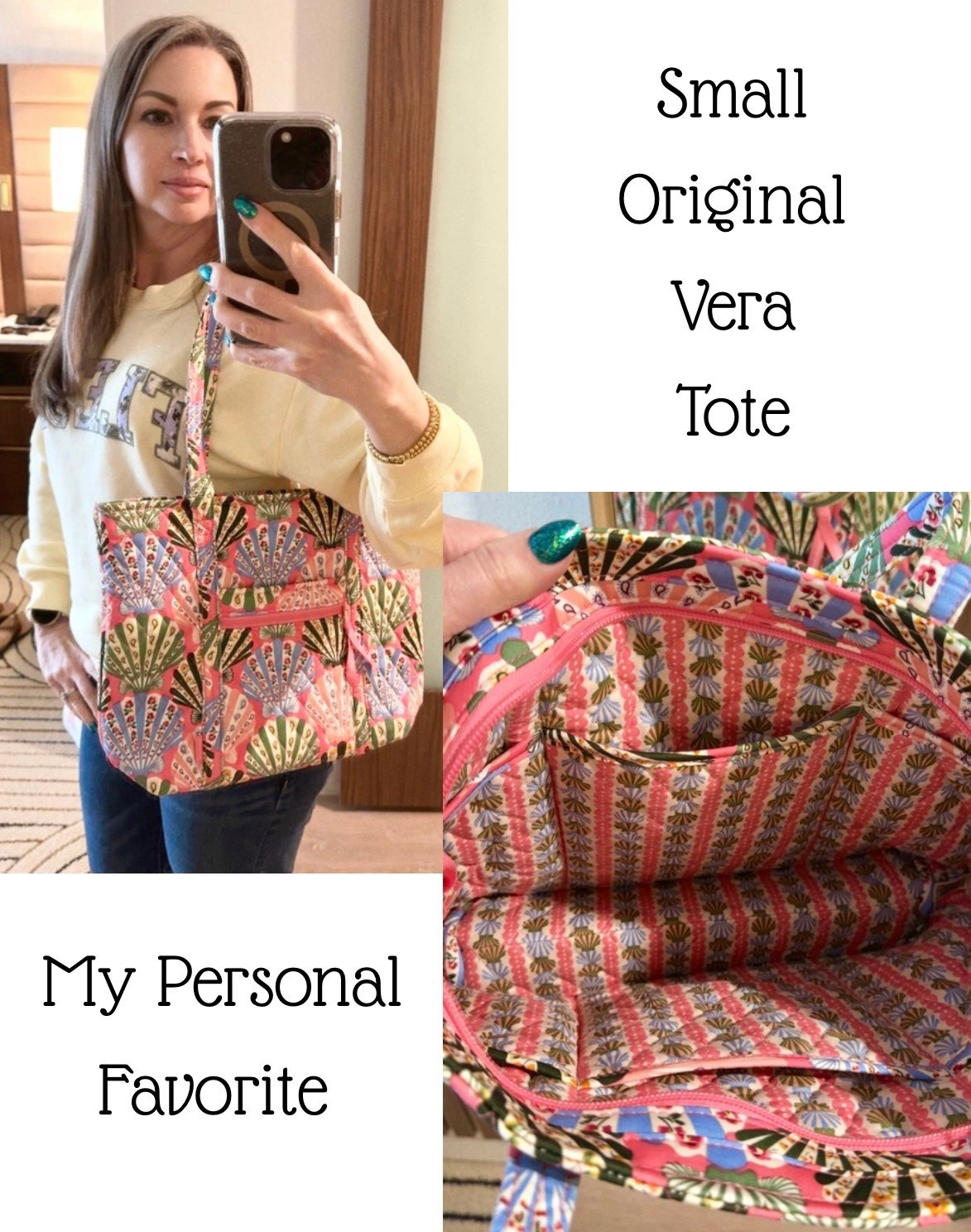 Meet my new favorite Vera Bradley tote! I was really disappointed when they discontinued the original because I love all the pockets inside and out. The good news is, the original Vera tote is back, and it's available in this smaller size too. I absolutely adore the new Cottage shells print; besides being perfect for beach life, it features some of my favorite bright spring colors. The inside print is adorable! As you can see, it has plenty of pockets to keep everything organized, and the zipper closure ensures your items stay secure. The front pocket is perfect for my Pro Max iPhone, while the zipper pocket is great for securing small essentials that I need quick access to. 

If you’re a Disney Vacation Club Member, don’t forget to visit Vera Bradley in Disney Springs—you'll get a 15% discount on your entire purchase. 

#LTKTravel #LTKSwim #LTKmomlife