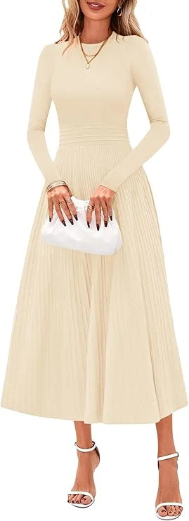 PRETTYGARDEN Women's Long Sleeve Midi Sweater Dress Fall Crewneck Knit A Line Pleated Wedding Gue... | Walmart (US)