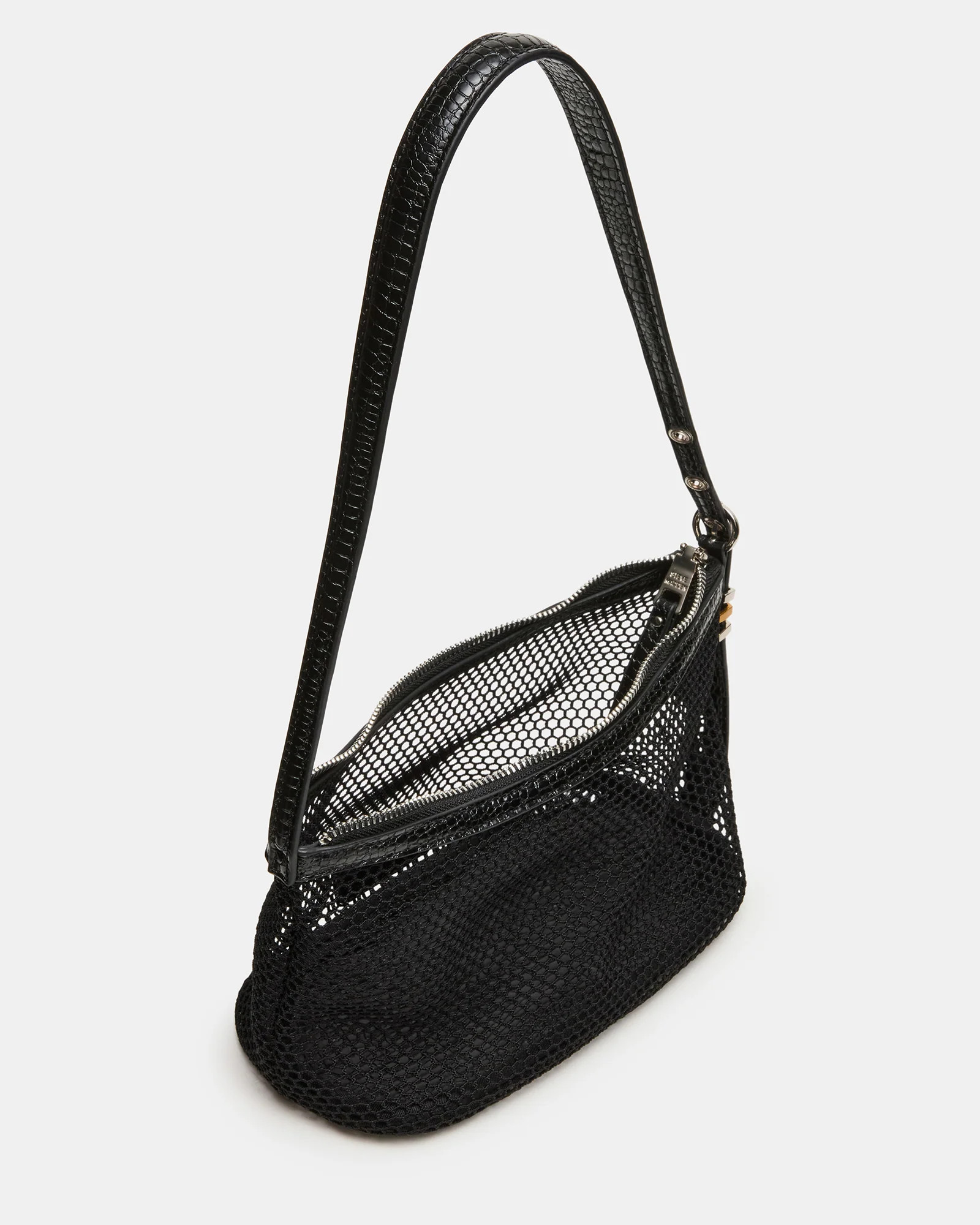 LUCIELL Black Strap Mesh Structured Bottom Shoulder Handbag | Steve Madden (US)