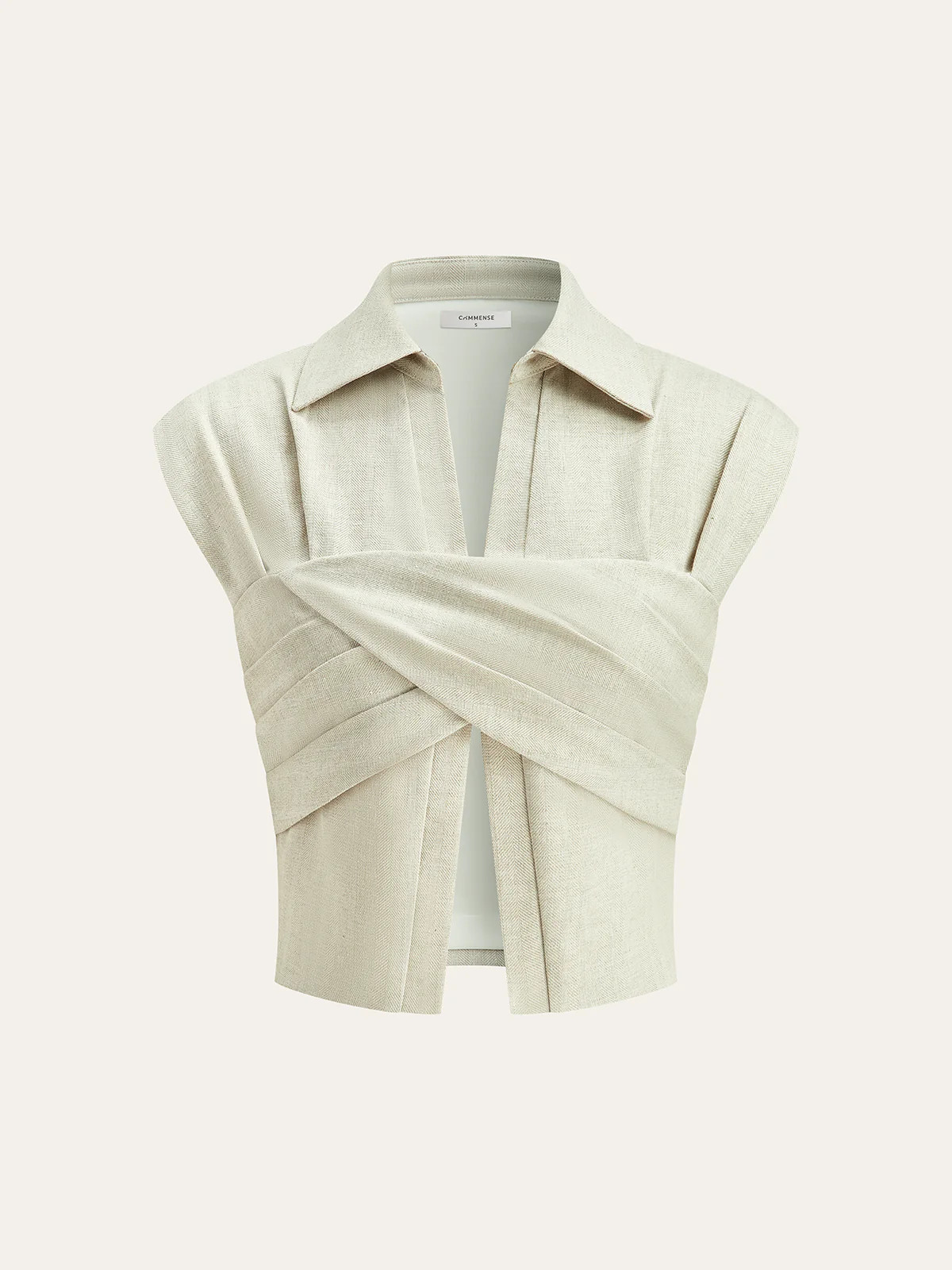 Linen Blend Cropped Blouse with Cross Wrap Detail | Commense