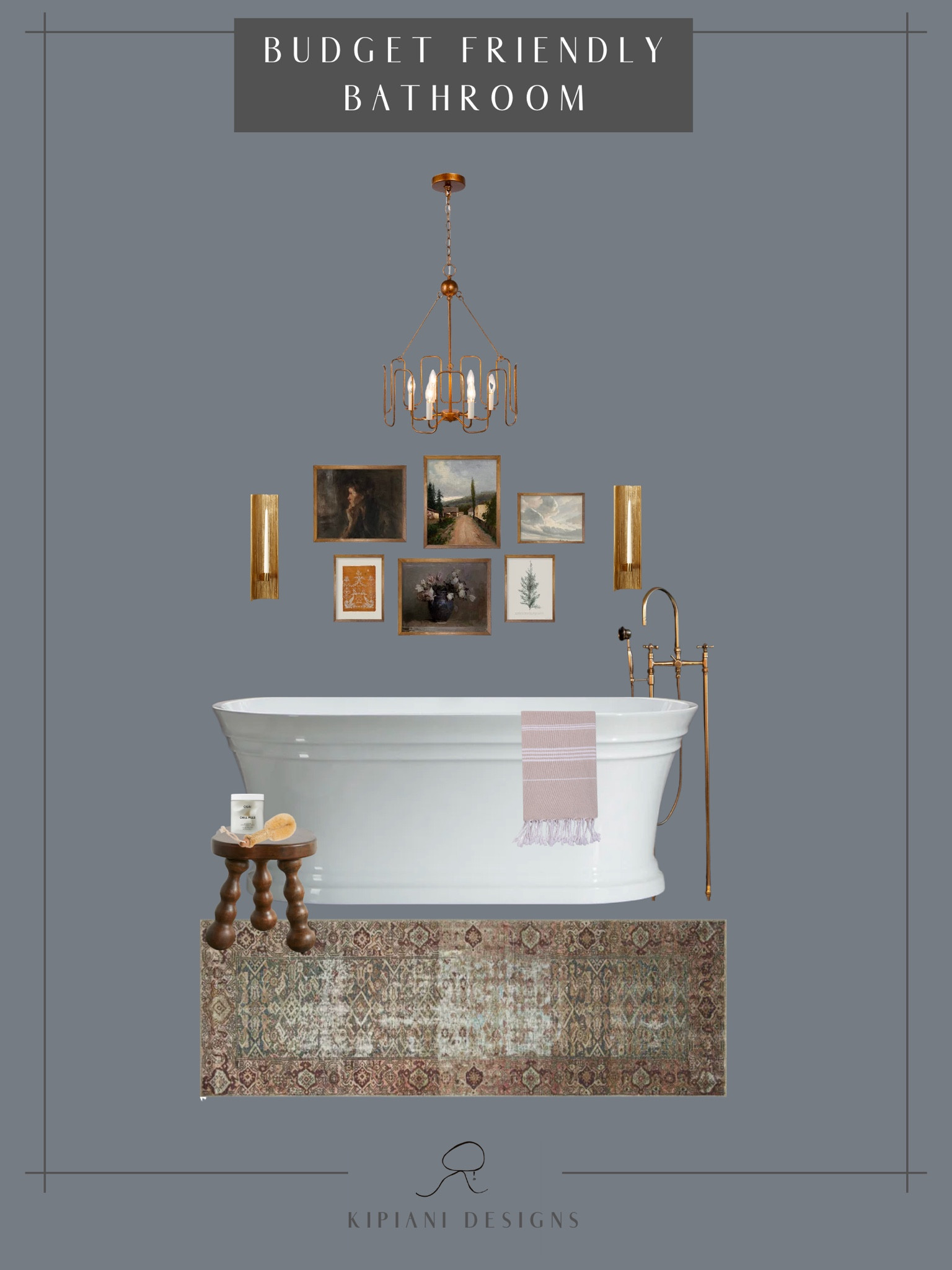 Budget friendly bathroom with standalone tub, brass candle stick sconces, vinyl tub, vintage runner, vintage art print, brass chandelier, brass faucet. 

#LTKhome #LTKstyletip #LTKFind