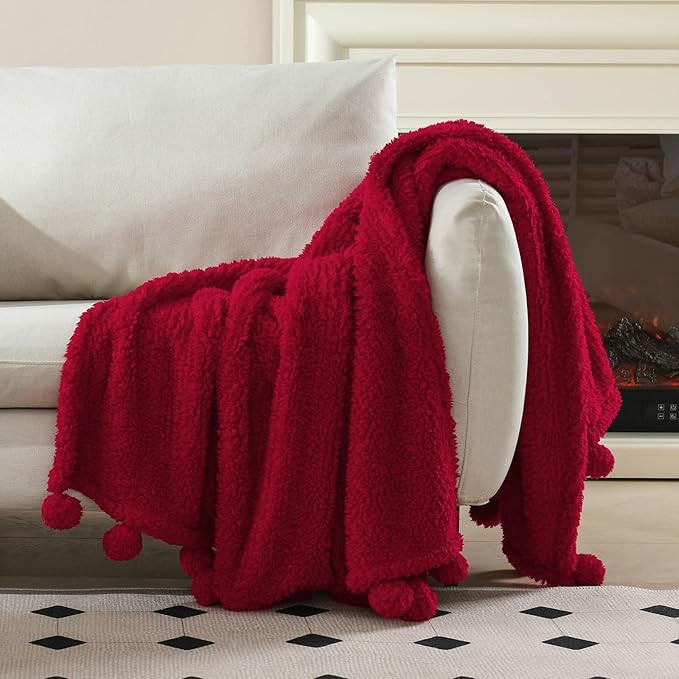Ultra Soft Cozy Sherpa Throw Blanket with Pompom Fringe, Light Weight Warm Decorative Boho Style ... | Amazon (US)