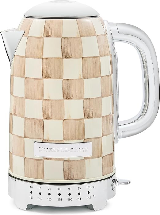 MACKENZIE-CHILDS Hervidor eléctrico, tetera de acero inoxidable, marrón y blanco Mocha Check | Amazon (US)