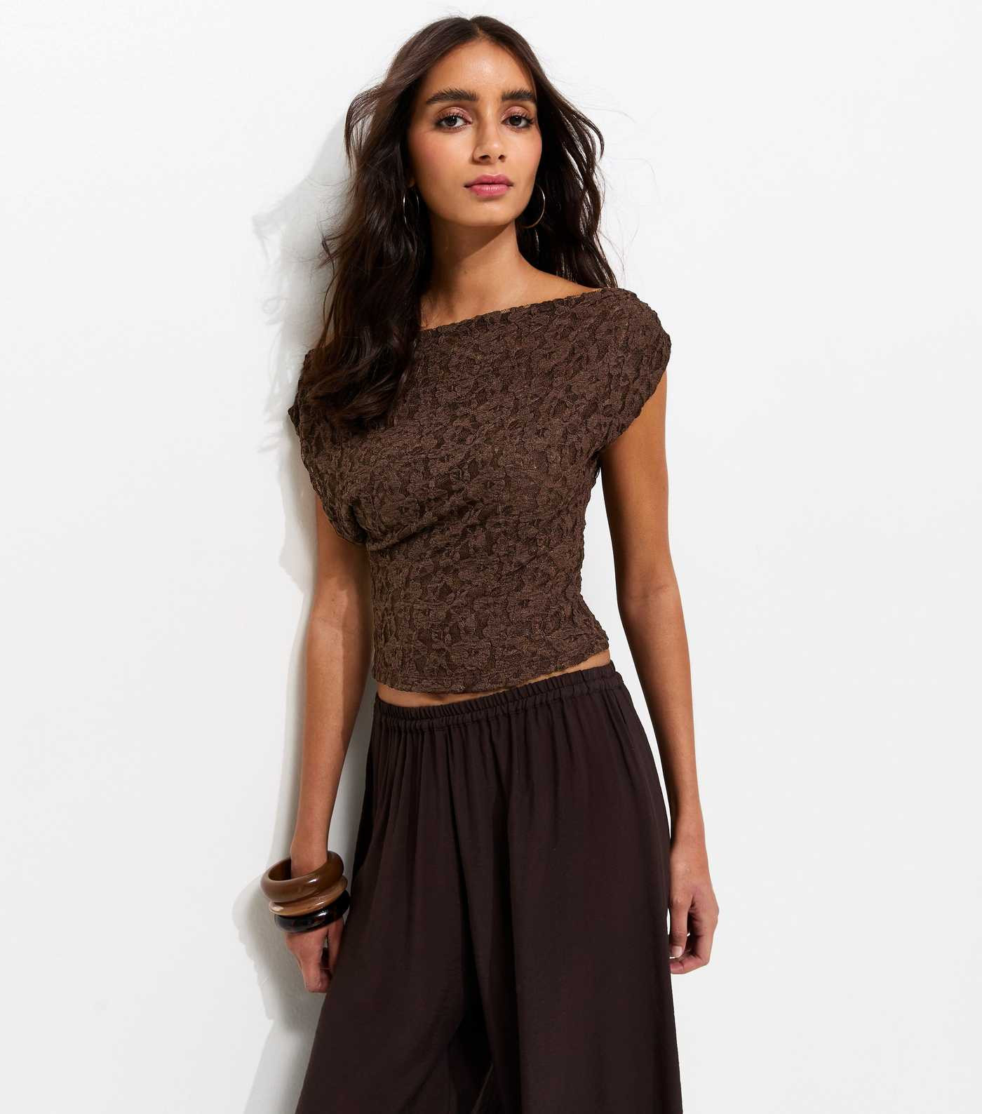 Brown Jersey Lace Off The Shoulder Top | New Look | New Look (UK)