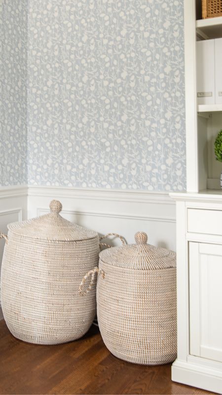 Home office with pretty blue and white wallpaper in storage baskets. Home decor.

#LTKhome