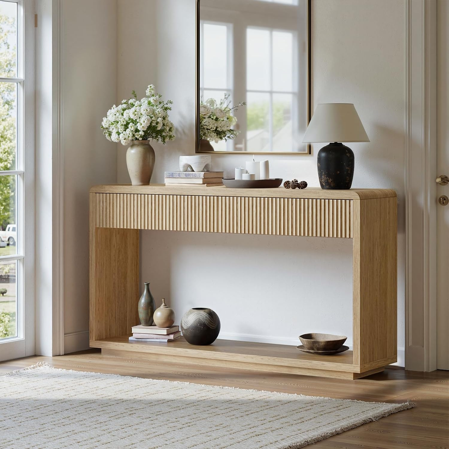 Evermagin 59'' Oak Entryway Table with Drawers, Boho Fluted Console Table, Sofa Table with Storag... | Amazon (US)