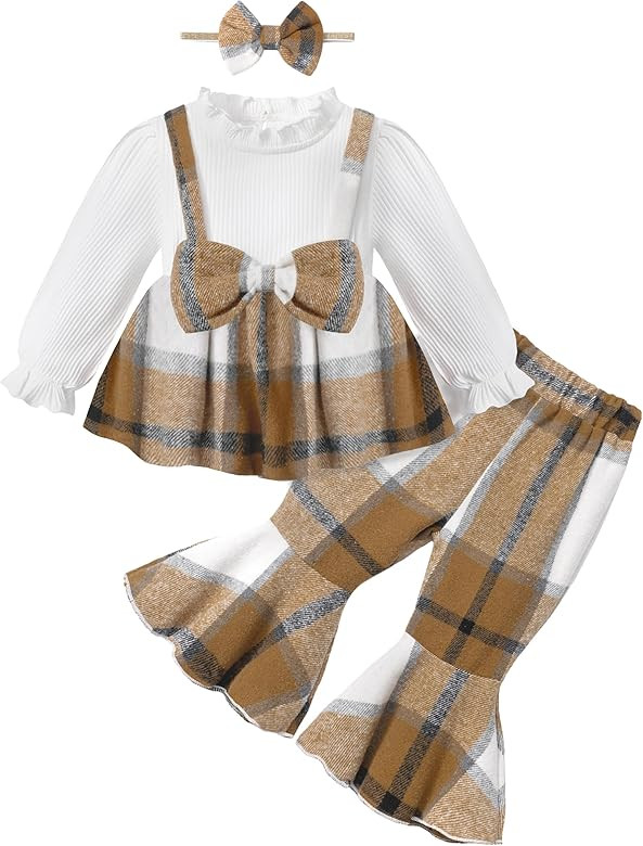 KANGKANG Baby Girl Clothes Long Sleeve Outfit Bowknot Ruffle Tops + Flared Pant + Headband 3pcs F... | Amazon (US)