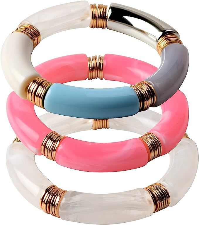 Bamboo Tube Bangles Bracelet Chunky Curved Stacking Clear Acrylic Colorful Beads Stretchable Frie... | Amazon (US)