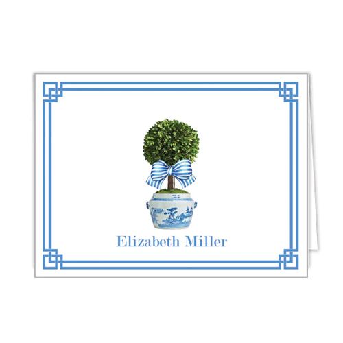 Spring Topiary Tree with Striped Bow Personalized Folded Notecards | WH Hostess Social Stationery