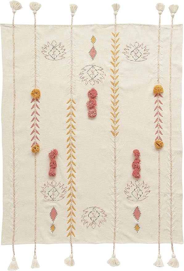 Creative Co-op DF1631 Embroidered Cream Cotton Decorative Applique, Pom Poms & Tassels Blankets a... | Amazon (US)