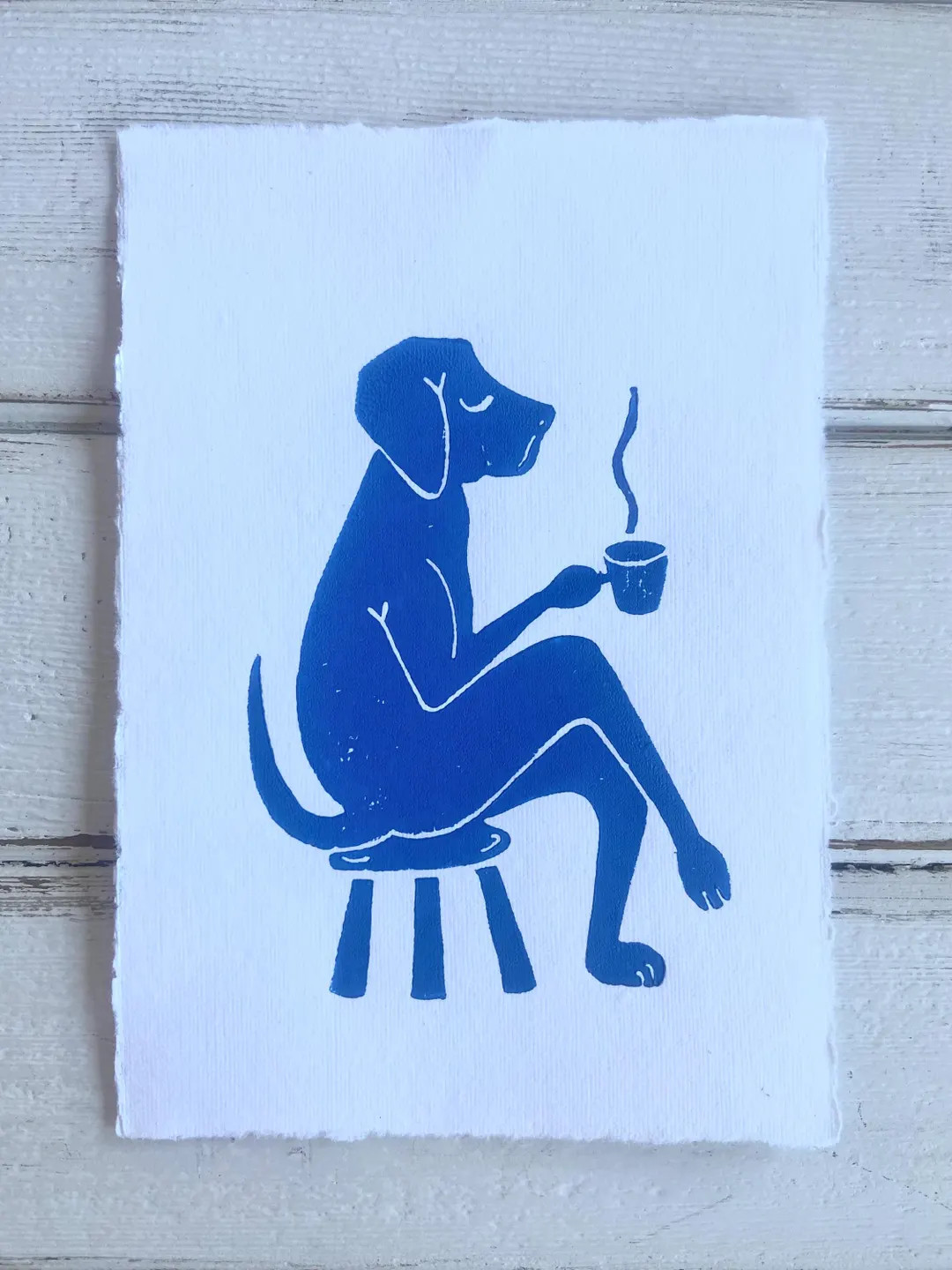 Original Cobalt Blue Coffee Drinking Dog Linocut Art - Etsy | Etsy (US)