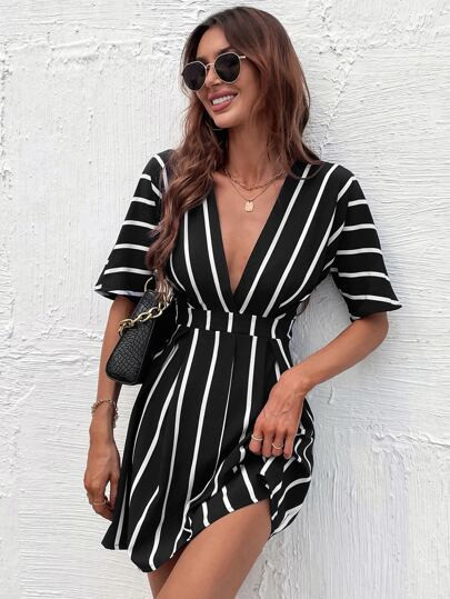 SHEIN Privé Striped Plunging Neck A-line Dress | SHEIN