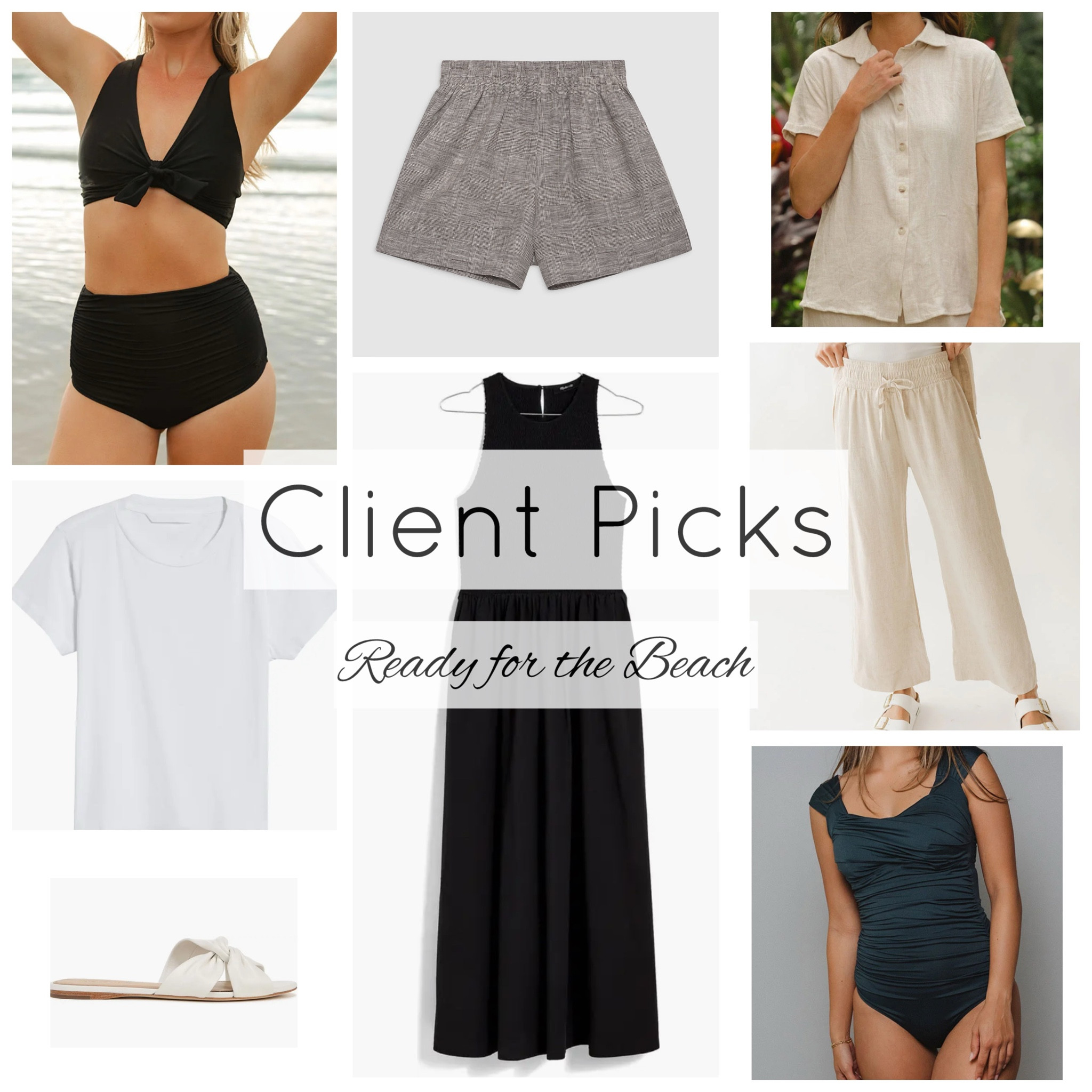 My client needed pieces to easily take her from the beach to lunch or dinner. 

Albion swimwear is my go to for those that want to feel comfortable and modest in their swimwear but still stylish and cute. Also love the linen cover up they had!

We completed the versatile looks with a few summer basics like a white tee and black sun dress. And my favorite pick of the day, brown and ivory plaid linen shorts. So cute and different!
